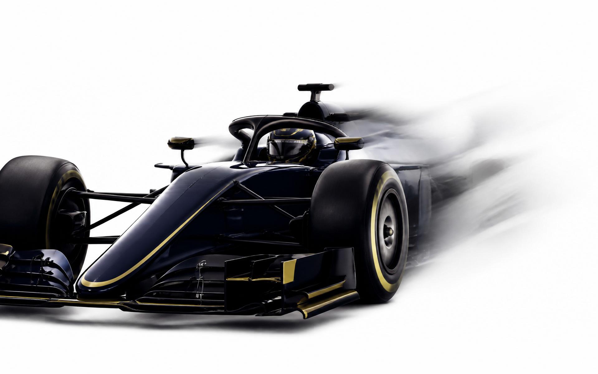Formula 1 car at speed on a grand prix circuit